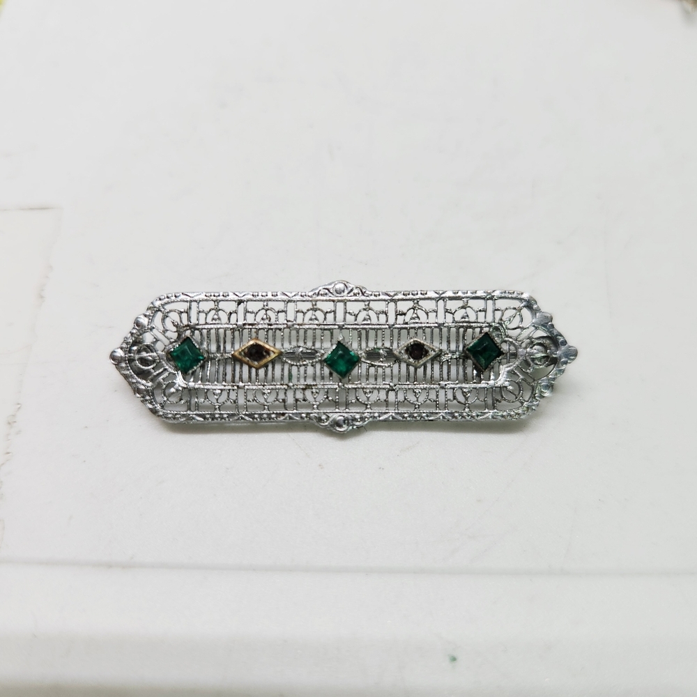 Vintage Edwardian Art Deco Filigree Bar Brooch Faux Emerald Stone Accent Pin